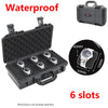 Black waterproof watch storage case with a lid and six slots for watches