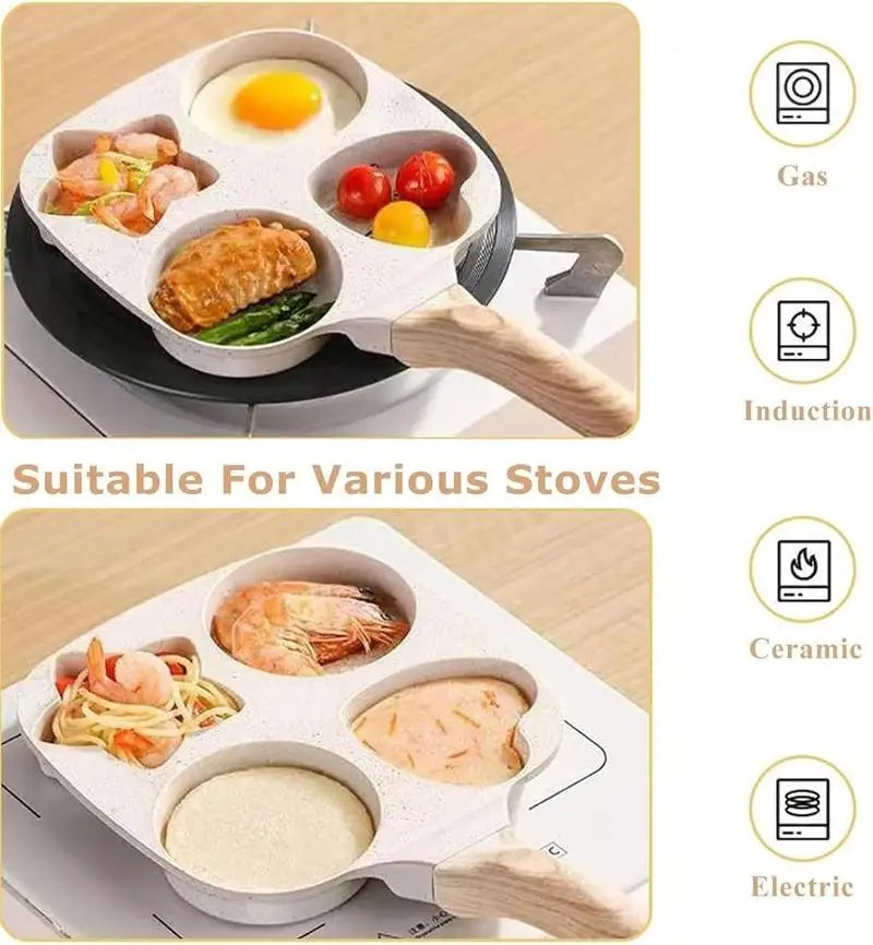 A non-stick egg frying pan with a wooden handle shown cooking various foods on gas, induction, ceramic, and electric stoves.