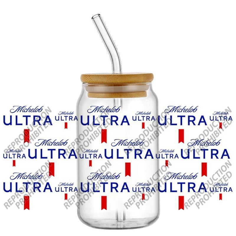 A glass jar with a metal cap and a clear plastic straw, used for UV DTF transfer decals.
