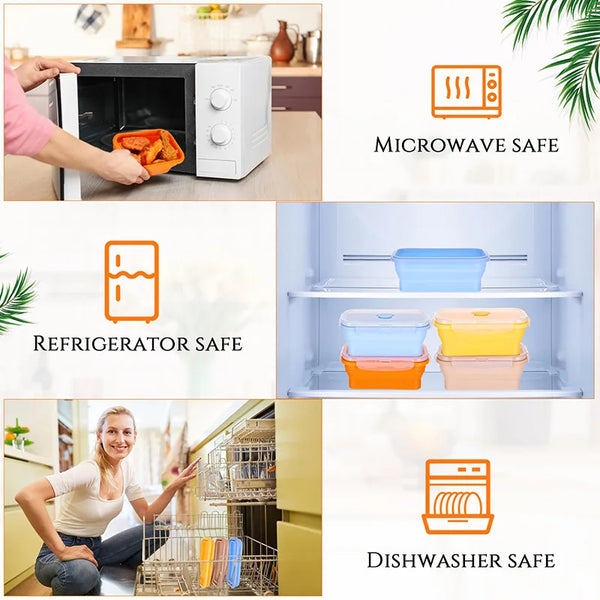 A collection of silicone food storage containers including a microwave safe, refrigerator safe, and dishwasher safe set.