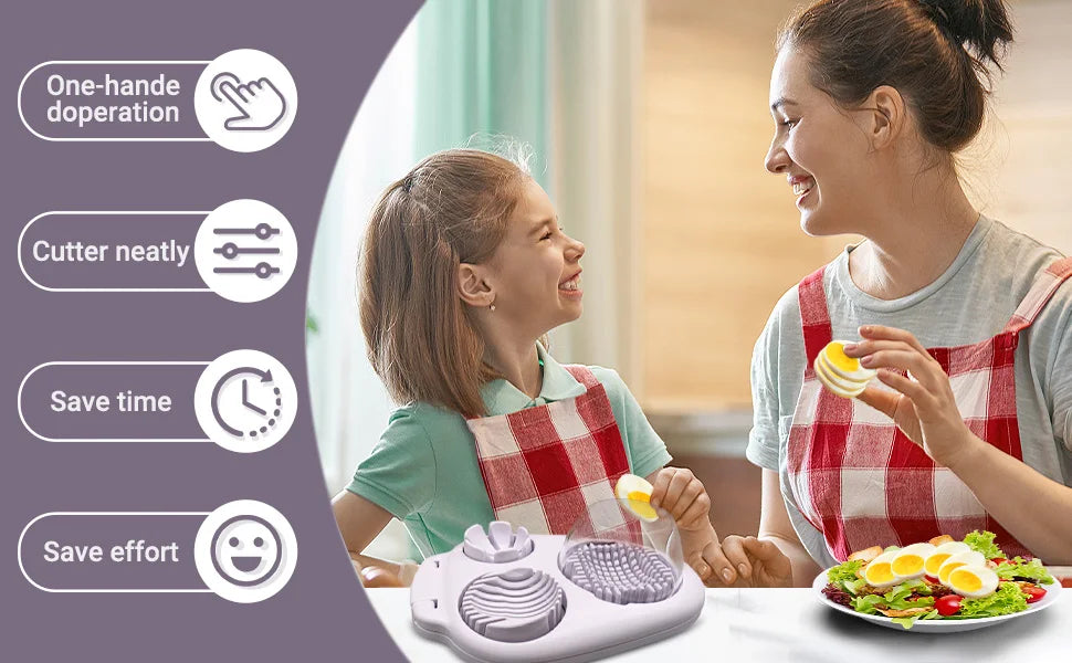 A woman is using a multi-function egg slicer and fruit cutter to prepare food for a child.