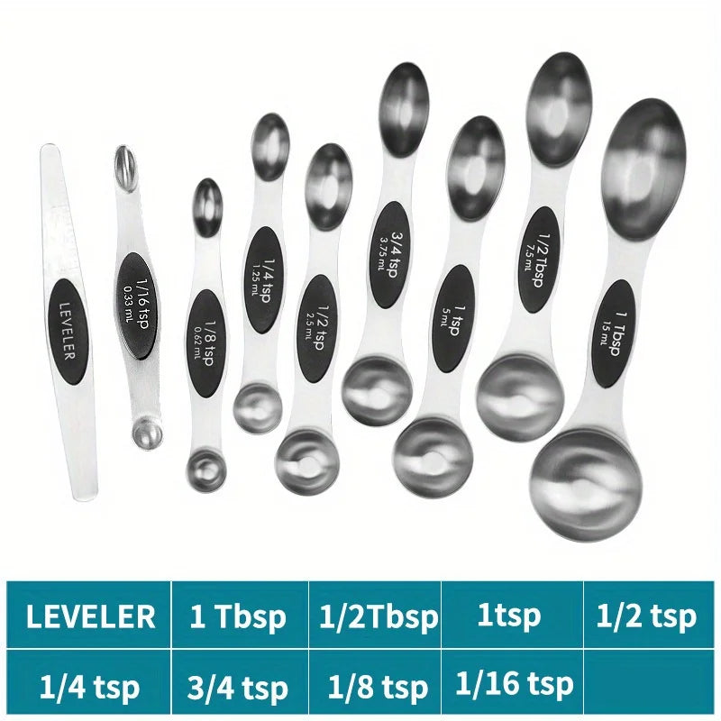 A set of nine stainless steel measuring spoons and a leveler with magnetic suction cups.