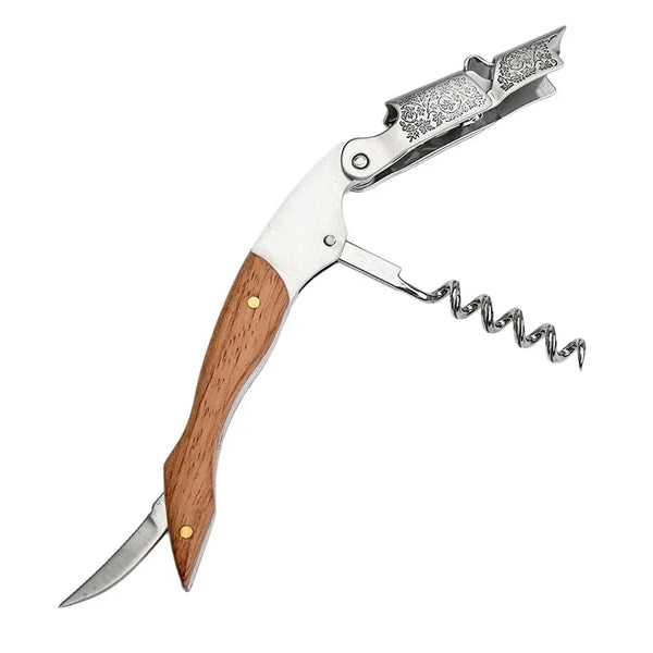 Silver multi-tool featuring a knife blade and a corkscrew, with a wooden handle.
