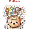 A cute illustration of a coffee cup with latte art, featuring colorful stars and text.