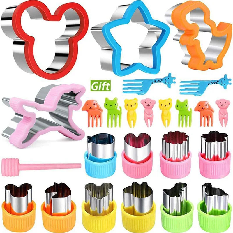 A collection of various stainless steel sandwich cutters in different colors and shapes for kids' meals.