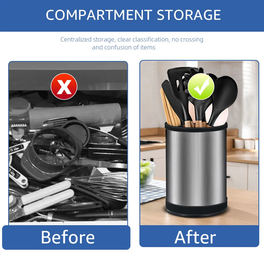 Before and after comparison of a compartment storage system for kitchen utensils.