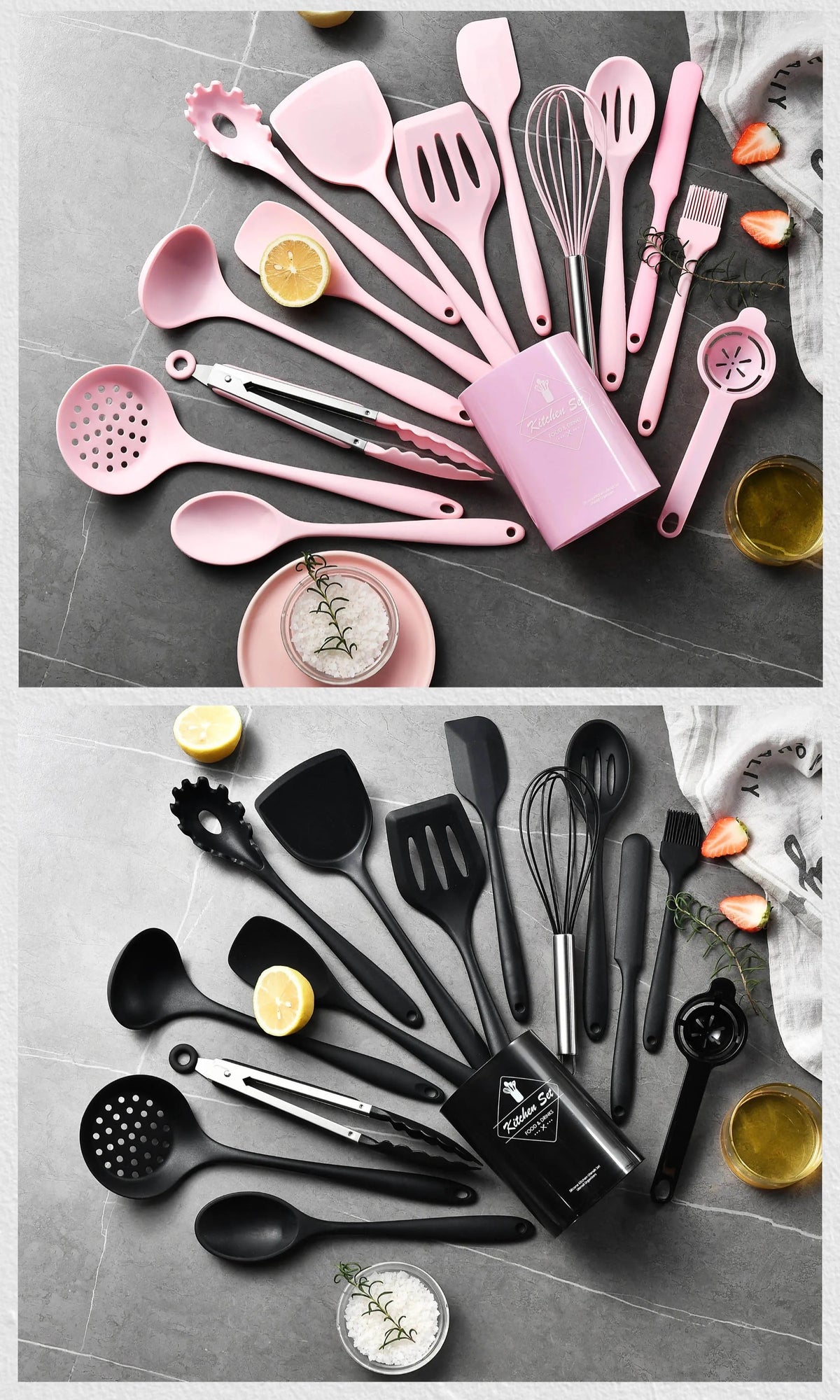A pink silicone kitchen cooking utensil set with various spoons, spatulas, and whisks arranged on a gray surface.