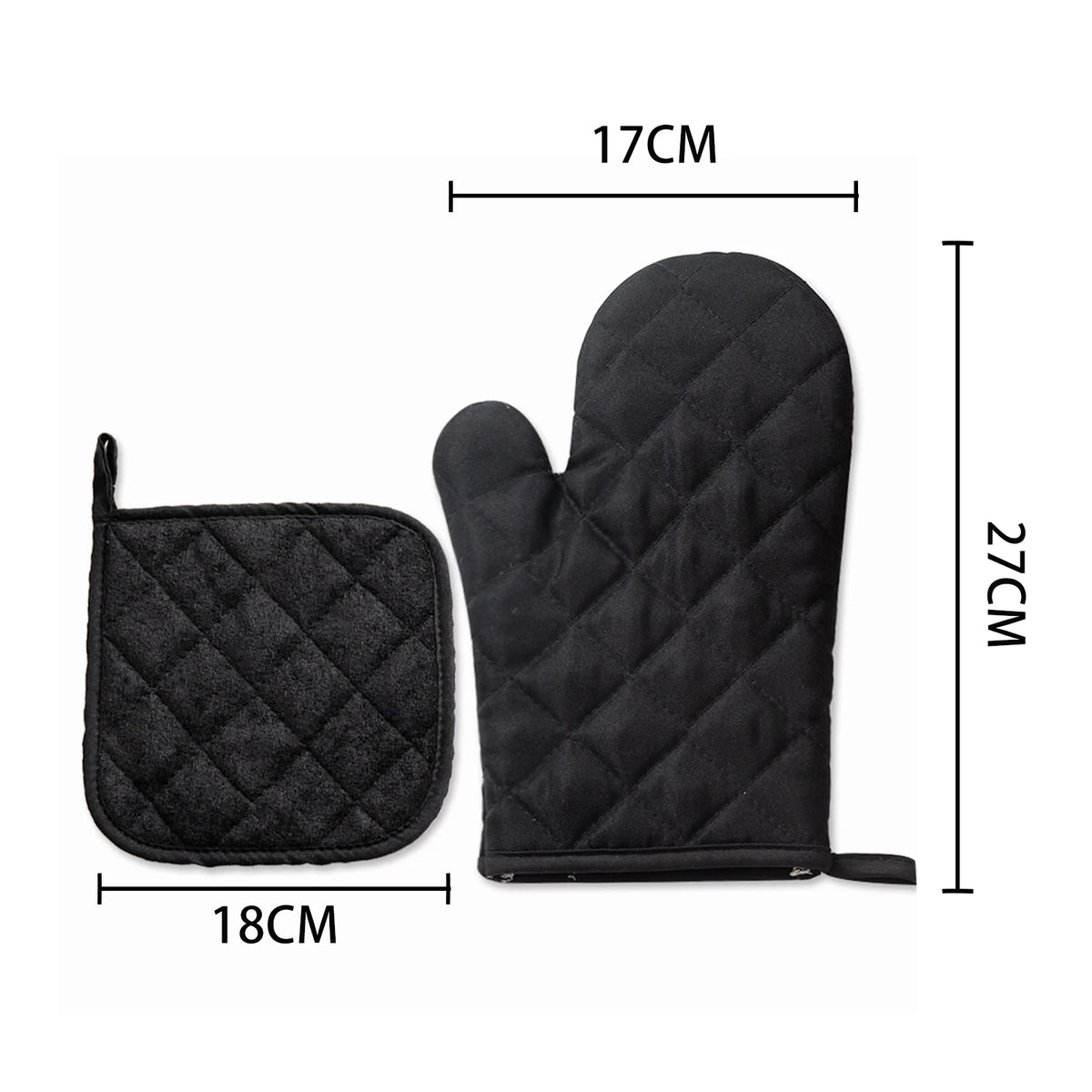 Black quilted heavy-duty oven and baking mitts shown with dimensions.