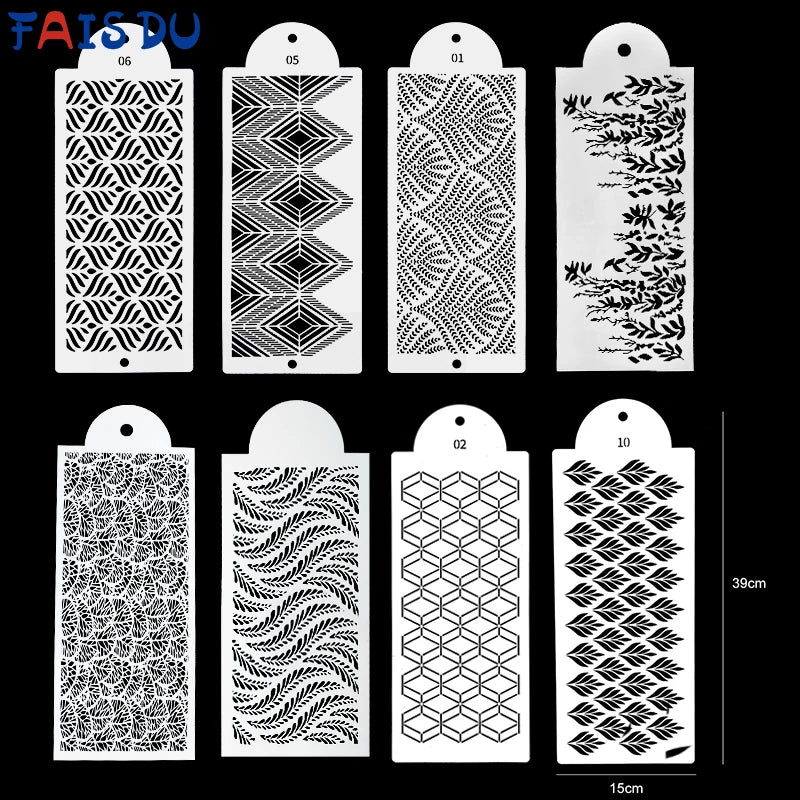 A set of ten decorative plastic cake stencils featuring various leaf and geometric patterns.