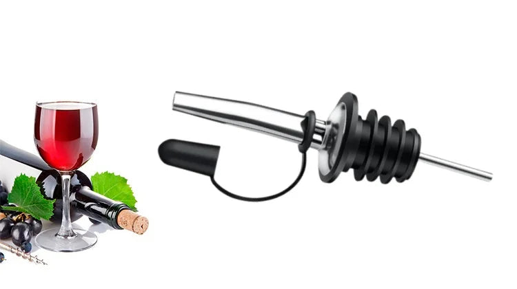 Stainless steel wine bottle stopper and pourer set with a red wine glass