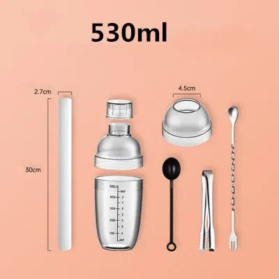 A set of stainless steel cocktail shakers and tools displayed against a peach background.
