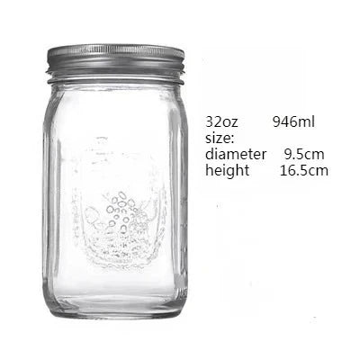 Clear glass mason jar with a metal lid, measuring 32 oz or 946 ml.