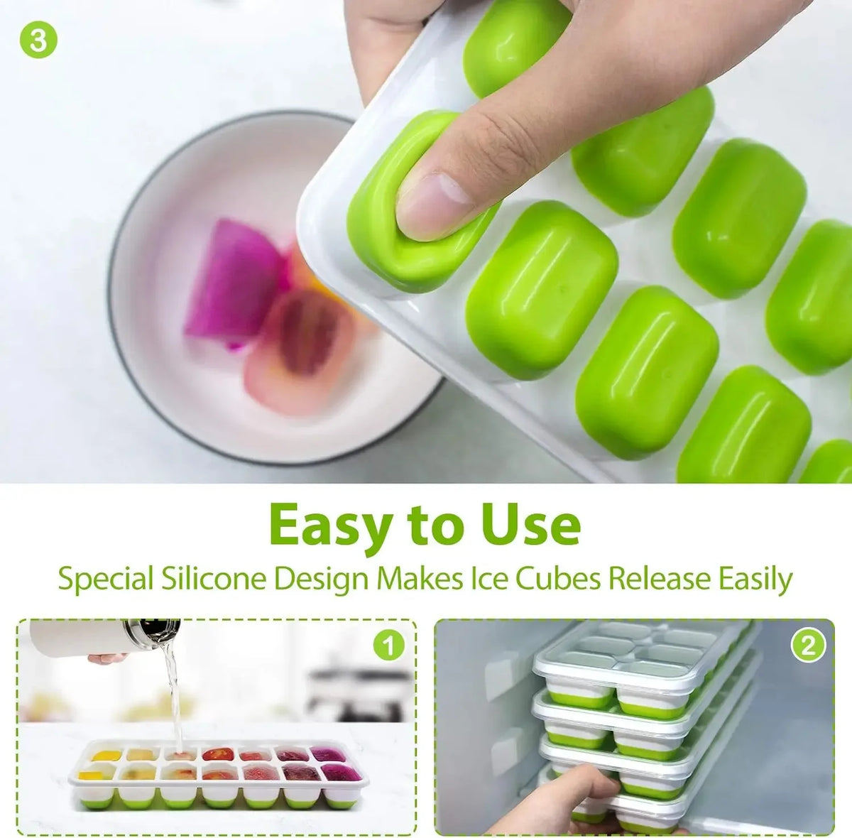 A hand is shown releasing green silicone ice cubes from a mold set onto a plate.