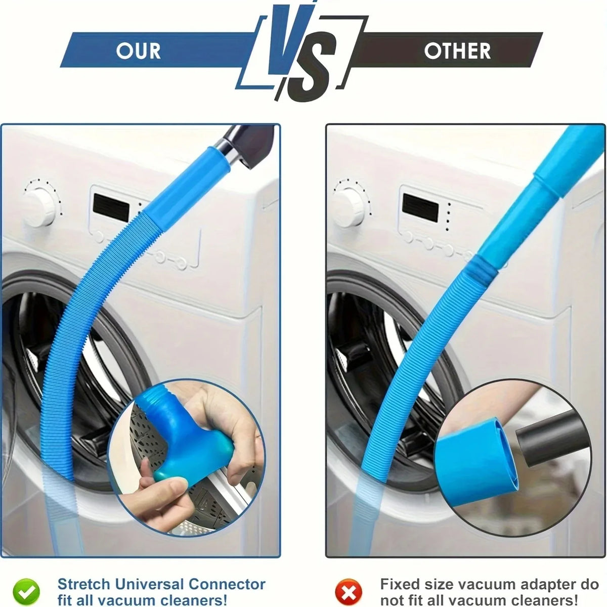 Comparison image showing a stretch universal connector for vacuum cleaners versus a fixed size vacuum adapter.
