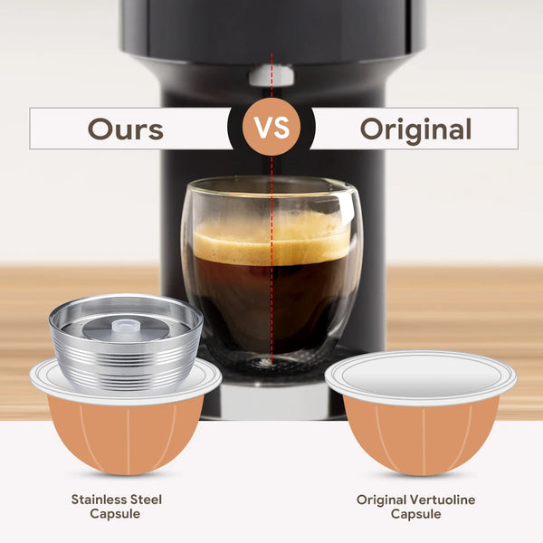 Comparison of a reusable stainless steel coffee capsule versus an original Vertuo capsule.
