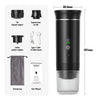 A black portable electric espresso coffee maker with a clear glass carafe and various accessories shown on the side.