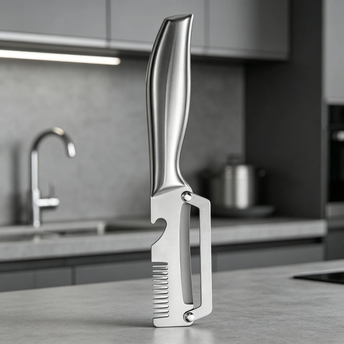 A silver ergonomic vegetable peeler knife resting on a gray countertop.