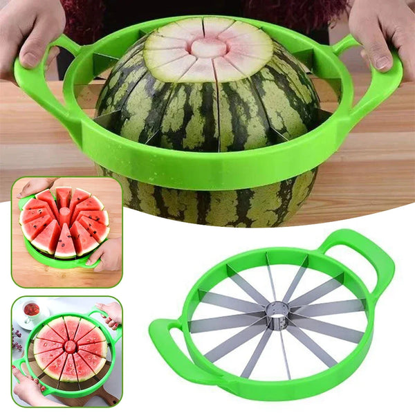 A green plastic watermelon slicer is shown with a halved watermelon and a separate circular slicing disc.