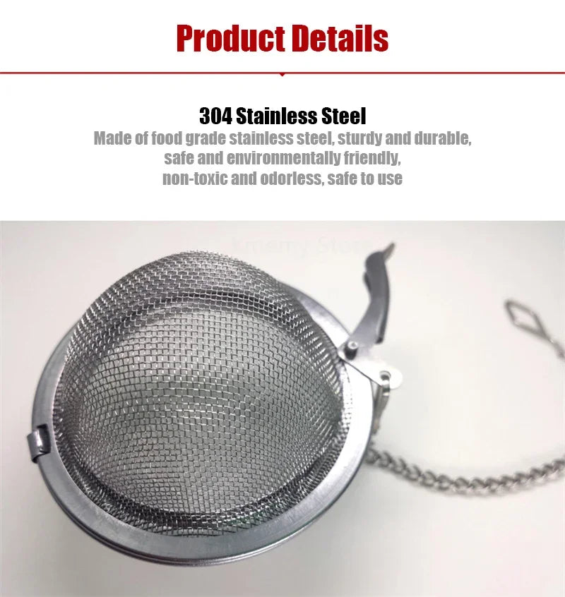 A silver stainless steel tea infuser ball with a mesh strainer attached to a chain.