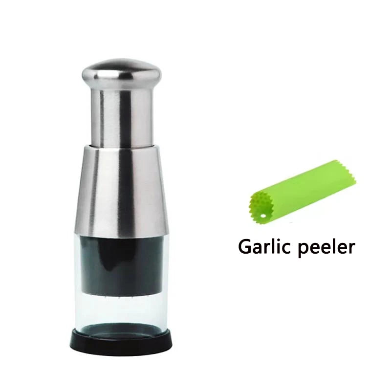 A silver manual garlic peeler with a green blade shown next to the product name.