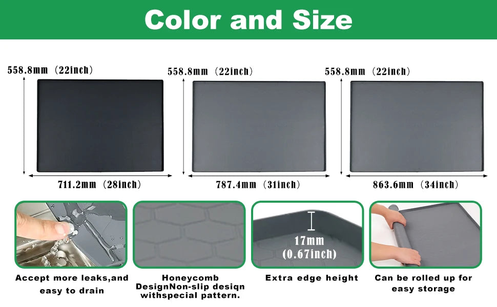 Silicone under sink drain tray shown in black and gray colors with various sizes and features.