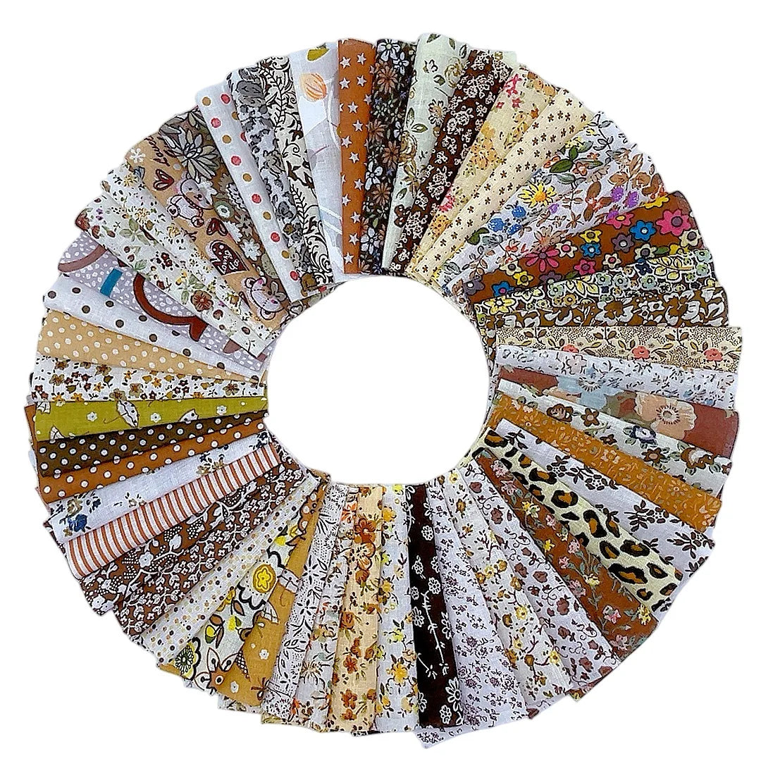 A circular display of square printed cotton fabric packs featuring various patterns and colors.