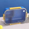 A blue and yellow 3-compartment leakproof bento lunch box is shown on a white surface.