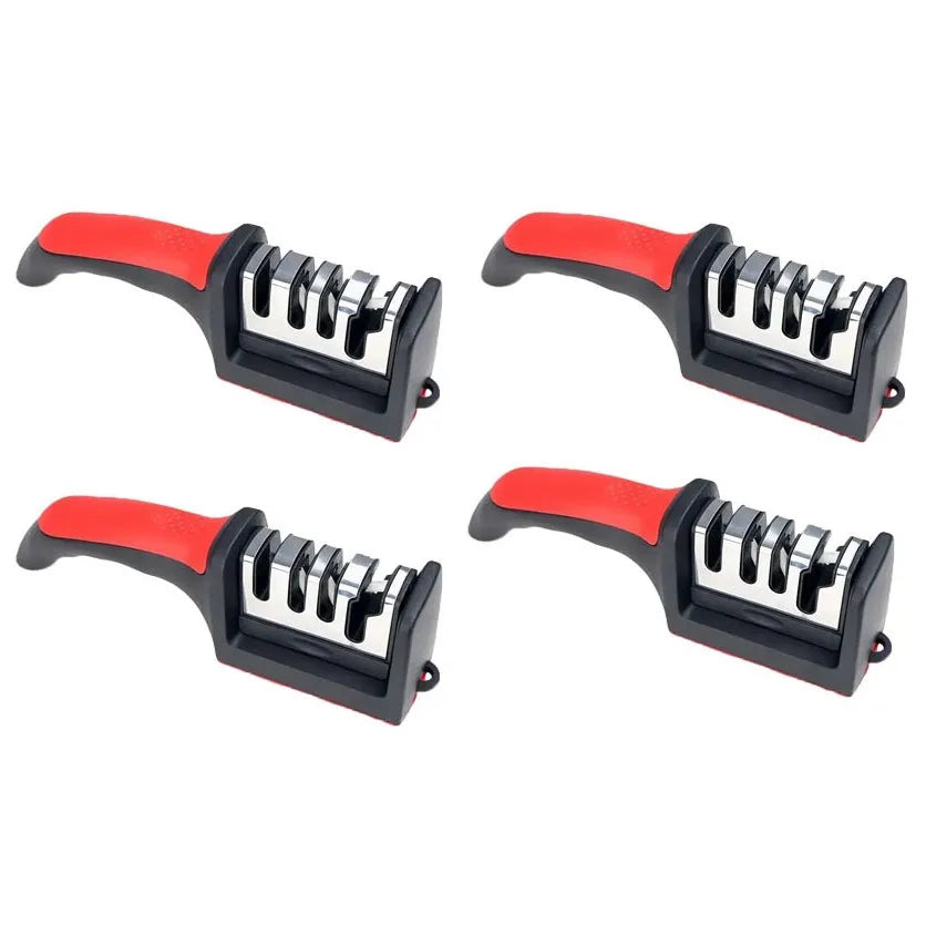 A set of four manual knife sharpeners with black and red handles and multiple sharpening rods.