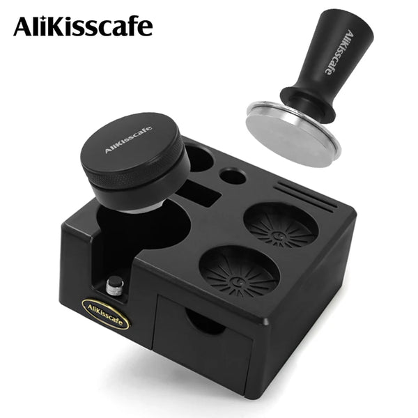 Schwarze Präzisions-Kaffeepresse mit abnehmbarem Kolben und Mahlwerk.