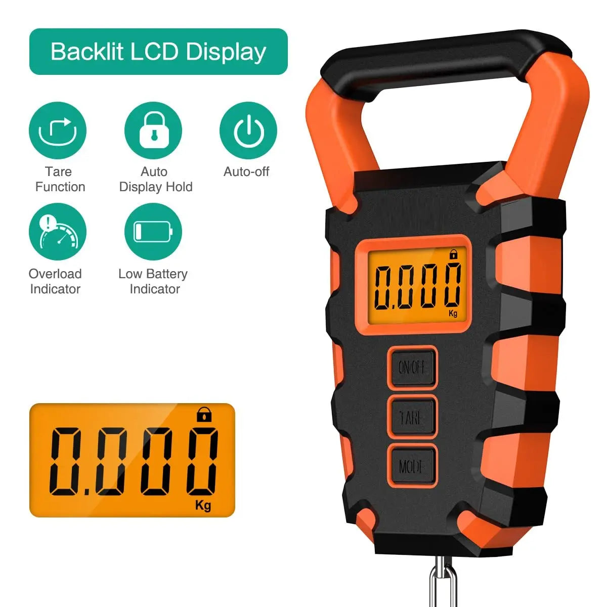 An orange and black digital hanging scale with a handle, displaying 0.000 Kg.