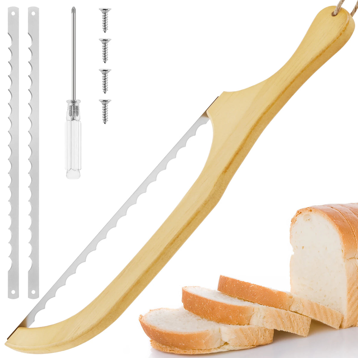 Holz-Brot-Bow-Messer mit gezähztem Klingen und Befestigungsschrauben neben geschnittenem Brot