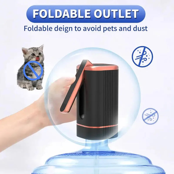 A hand is holding a black and copper foldable outlet water dispenser pump, shown under a magnifying glass.