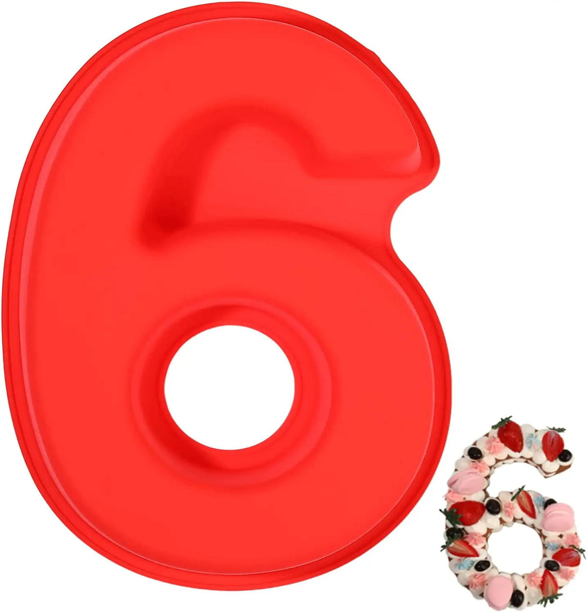 A bright red 3D large number cake mold shaped like the number six.