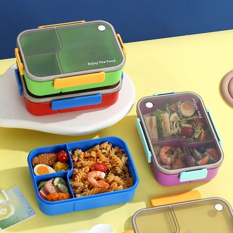 A set of colorful, leakproof bento lunch boxes and compartments for food storage.