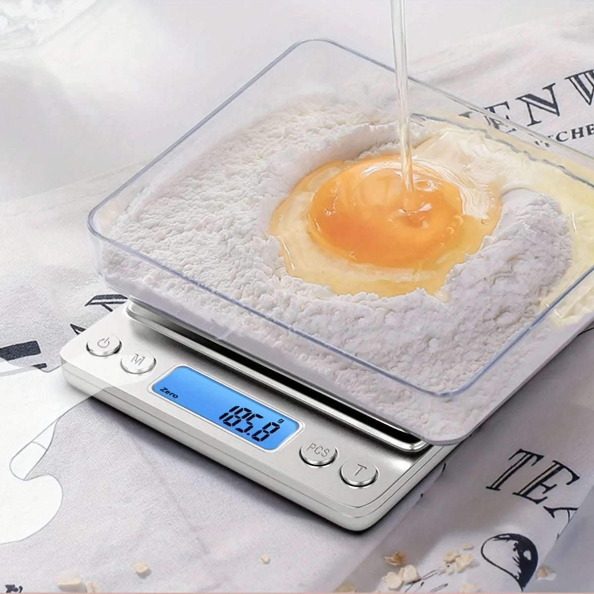 A high precision digital kitchen scale is shown weighing an egg in a clear plastic container.