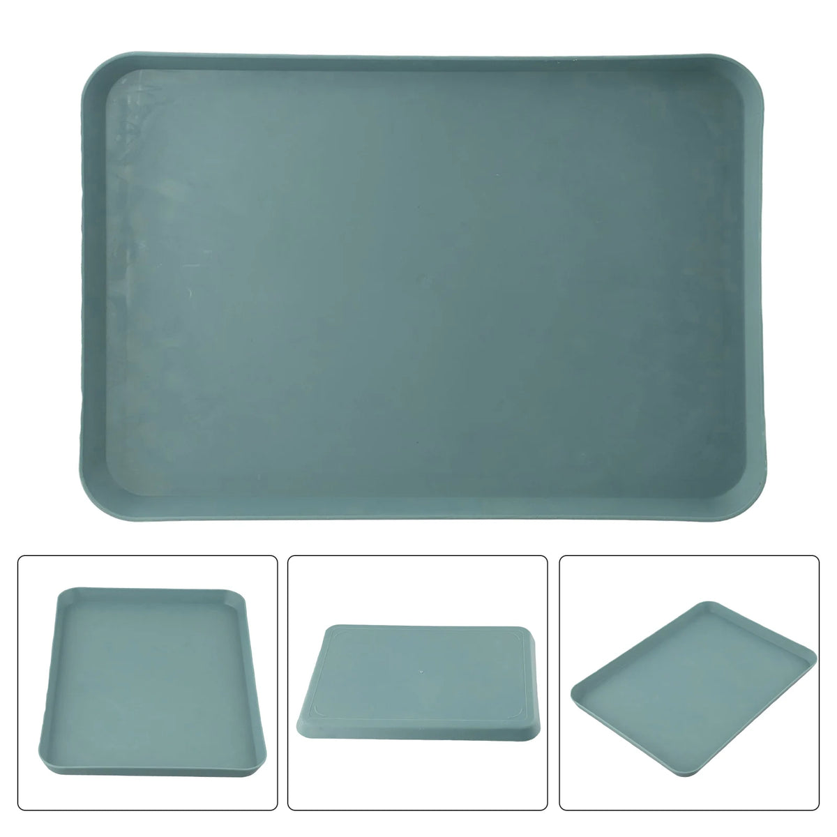 A rectangular serving tray in a muted blue-green color shown from above and three different angles.