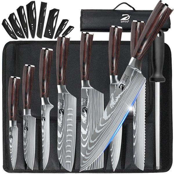 An 8-piece Damascus steel knife set with wooden handles is displayed in a black carry bag.