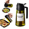 A black dispenser bottle for extra virgin olive oil is shown pouring oil into a small bowl and a glass bottle.