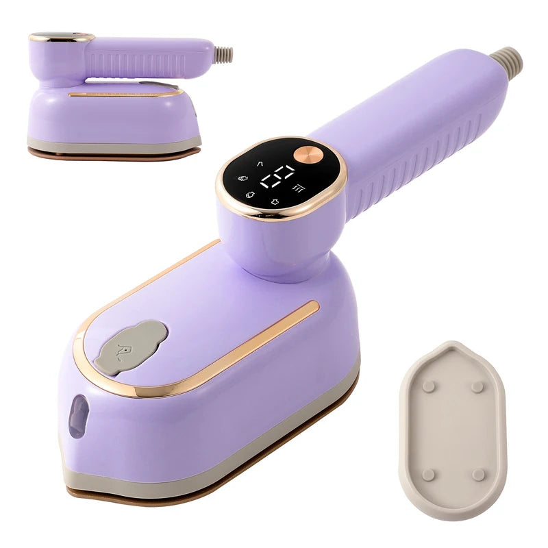 A purple foldable handheld garment steamer with a gold accent and a separate power adapter.