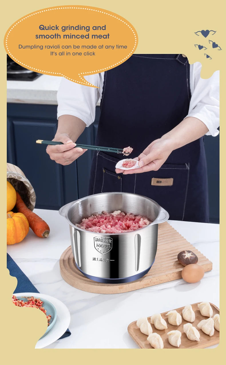 A person is using a professional electric meat grinder to process raw meat, with ground meat and whole pieces visible.