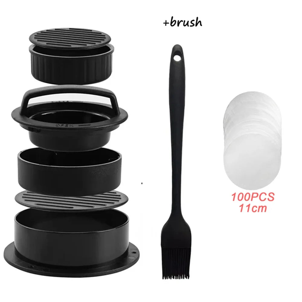 Black 3-in-1 hamburger meat press set with a spatula and brush for patties and grilling