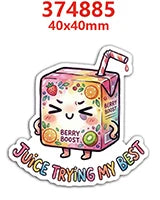 A cute, stylized box featuring various fruits and a straw, used as context for an acrylic flatback resin fruit craft kit.