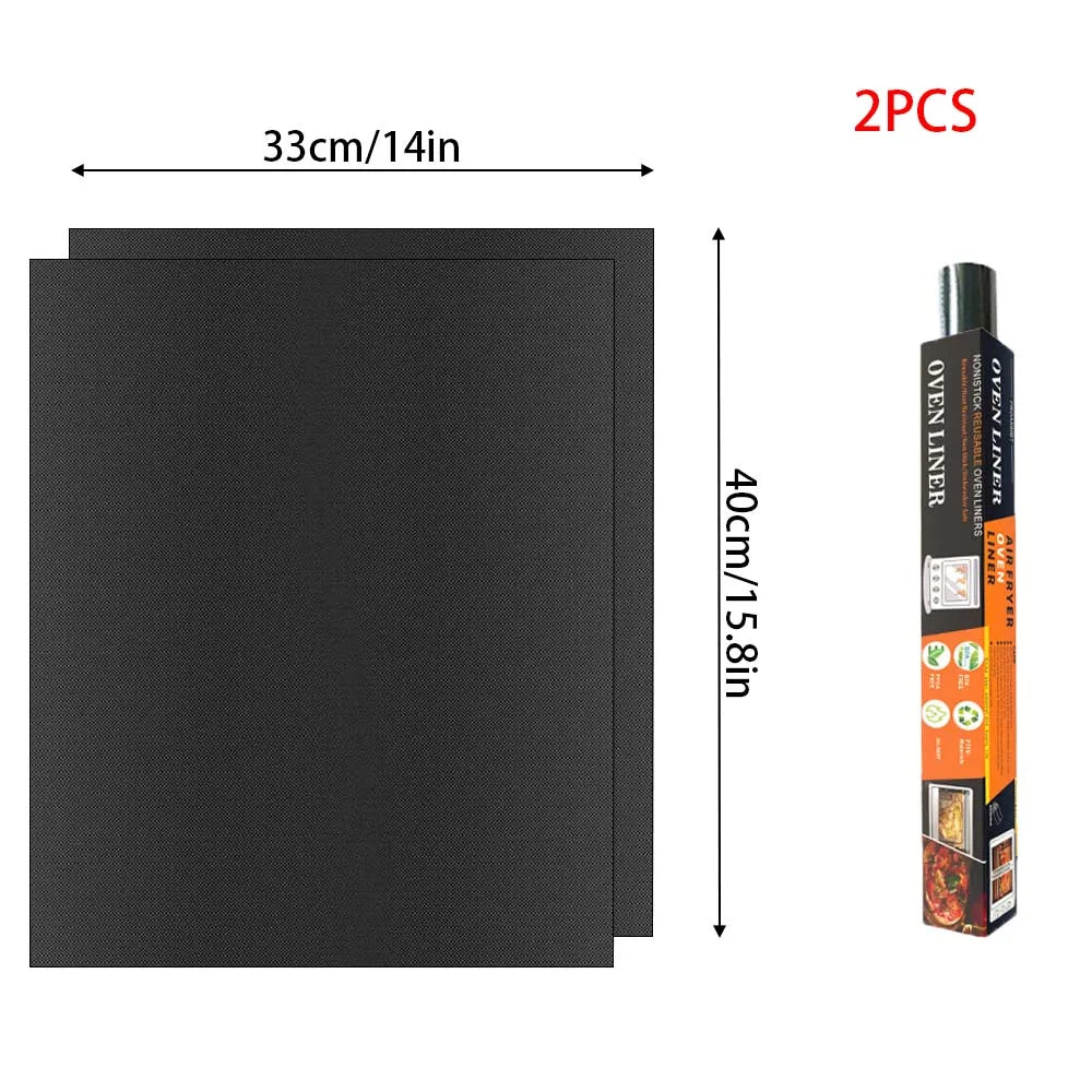 Two black reusable silicone baking mats or oven liners shown side by side.