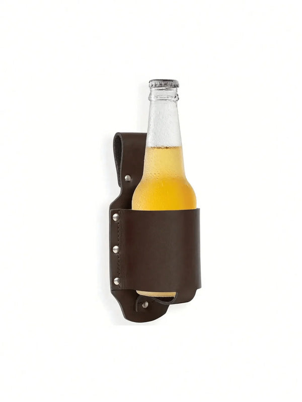 A brown PU leather bottle holder designed to secure a glass bottle in a waist bag.