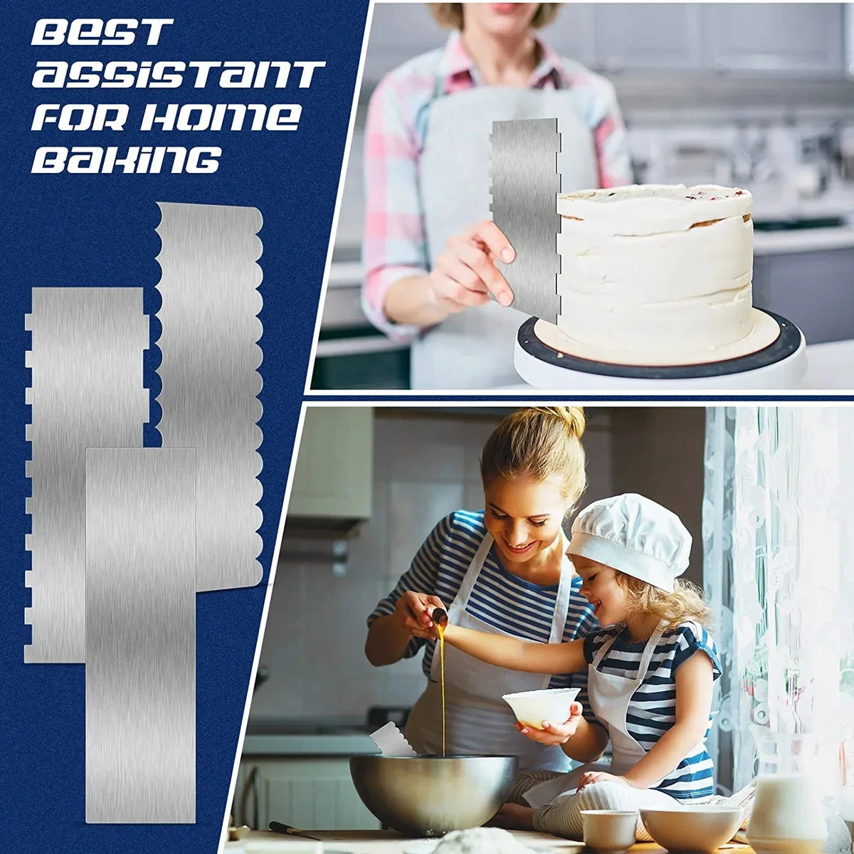A woman is decorating a cake with a stainless steel scraper set in a kitchen setting.