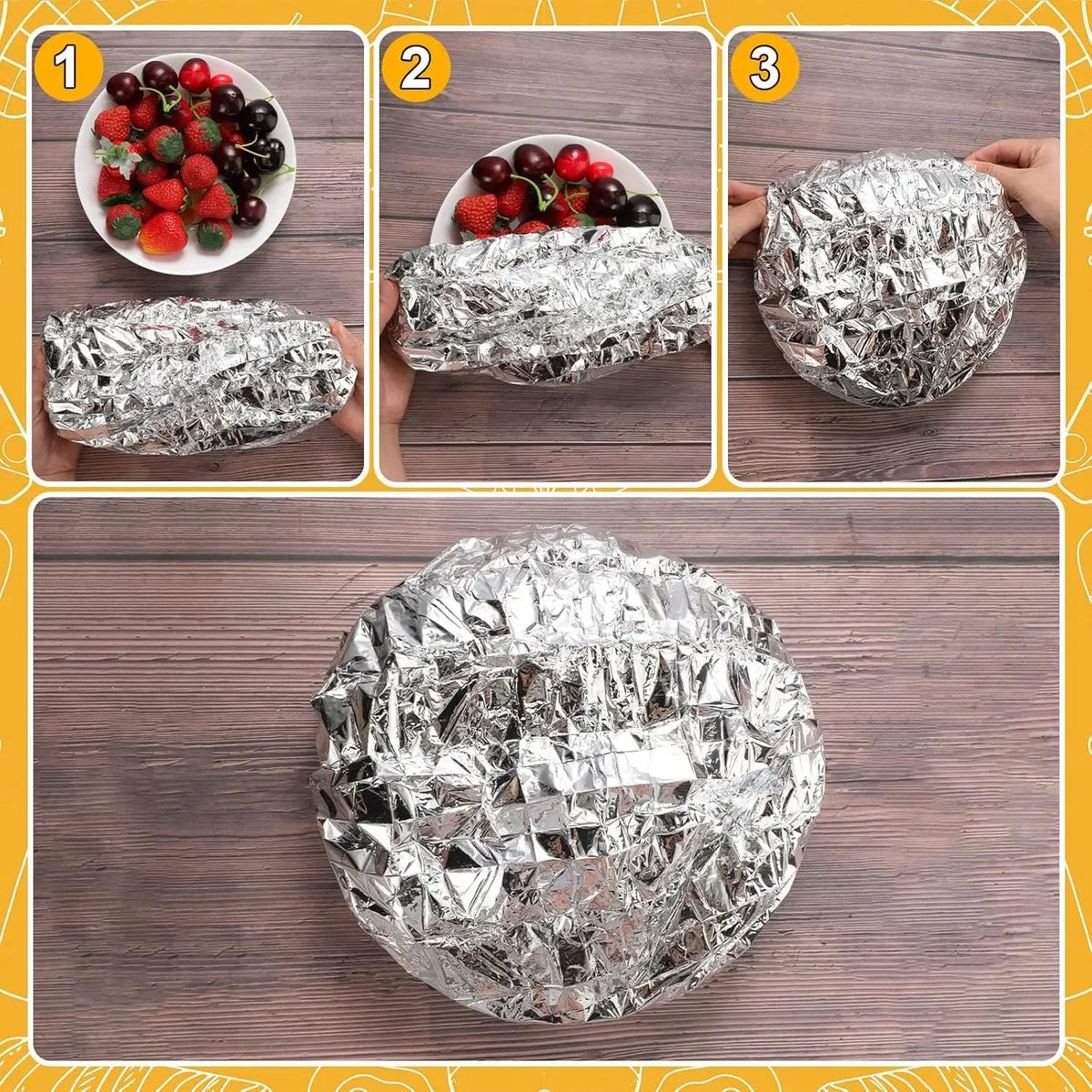 Step-by-step guide showing how to make a food cover using aluminum foil.
