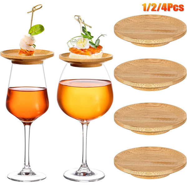 Set of four bamboo wine glasses with charcuterie toppers and wooden coasters