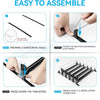 Step-by-step instructions showing how to assemble a spring-loaded partition organizer for storage.
