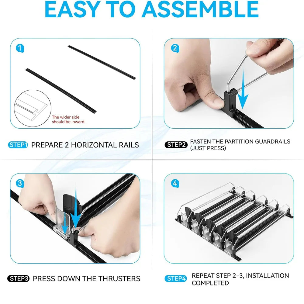 Step-by-step instructions showing how to assemble a spring-loaded partition organizer for storage.