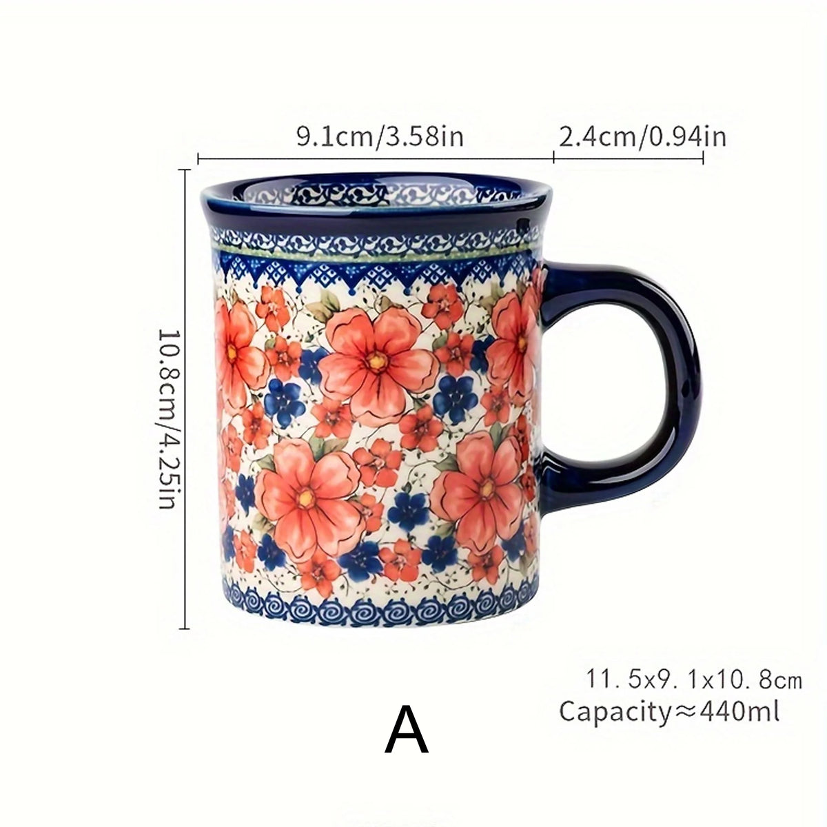 A ceramic mug with blue and orange floral patterns, measuring 9.1cm in height.